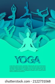 People silhouettes doing yoga poses, sitting in lotus position, vector illustration in paper art style. Yoga class, studio poster template.