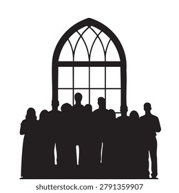 People Silhouettes in Front of Gothic Window, Group of Persons, Dark Style, Religious Architecture