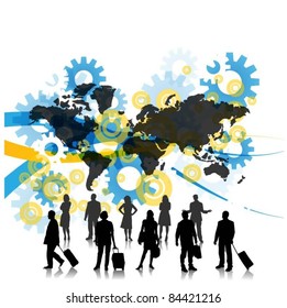 people silhouettes with gears with world map