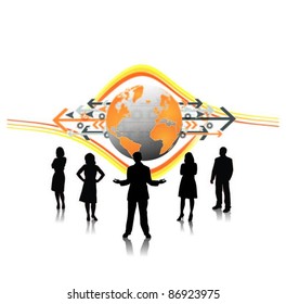 people silhouettes with globe and arrows