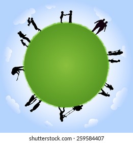People silhouettes with globe illustration