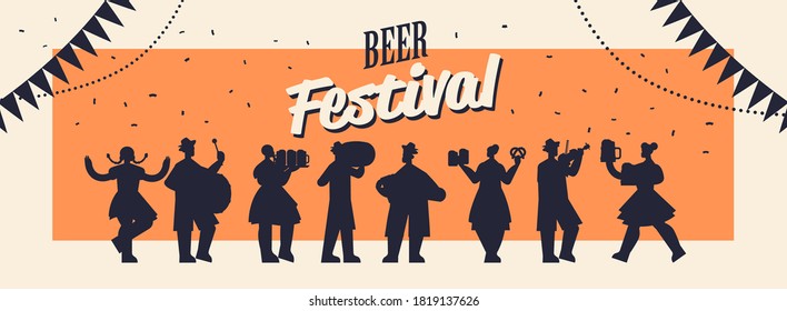 people silhouettes holding mugs and playing musical instruments celebrating beer festival Oktoberfest party celebration concept lettering greeting card full length horizontal vector illustration