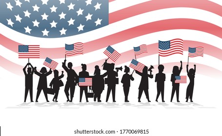 people silhouettes holding united states flags celebrating american independence day holiday 4th of july banner horizontal full length vector illustration