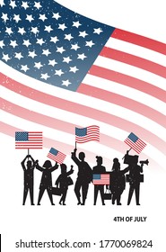 people silhouettes holding united states flags celebrating american independence day holiday 4th of july banner vertical full length vector illustration