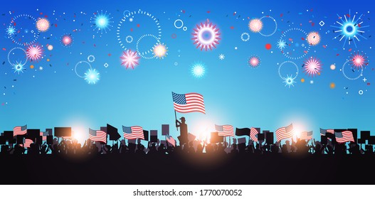 people silhouettes holding united states flags celebrating american independence day holiday 4th of july banner horizontal portrait vector illustration