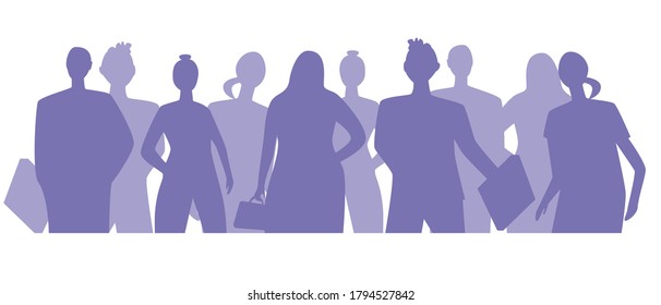 People silhouettes isolated on white background for design. Purple vector stock illustration with men and women, office workers, students as a concept of society, crowd, humanity