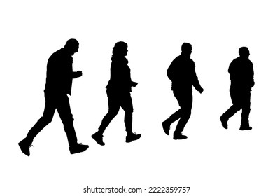 People silhouettes isolated on white background. Walking people group. Mans and womans black shadows. Business people commuting.Side view.Pedestrian, recreation and health care activity concept.Vector