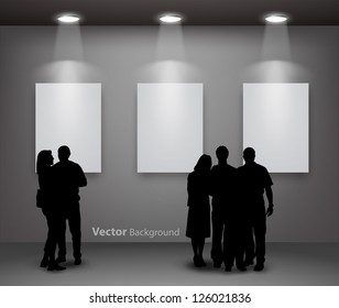 People silhouettes looking on the empty gallery wall with lights for images and advertisement. Ideal concept for promoting product or service.  Fully editable eps10