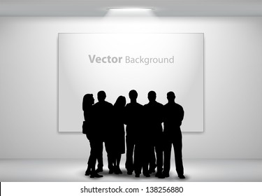 People silhouettes looking on the empty gallery wall with lights for images and advertisement. Ideal concept for promoting product or service.  Fully editable eps10