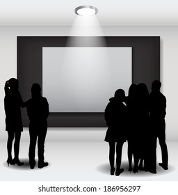 People Silhouettes Looking on the Empty Frame in Art Gallery for Images and Advertisement. Vector Illustration