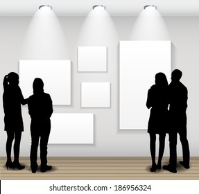 People Silhouettes Looking on the Empty Frame in Art Gallery for Images and Advertisement. Vector Illustration