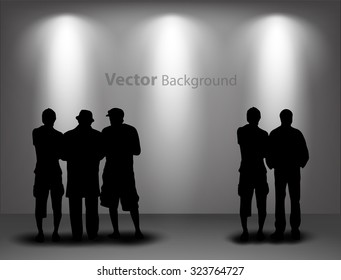 People silhouettes looking on the empty gallery wall with lights for images and advertisement. Ideal concept for promoting product or service.  Fully editable eps10