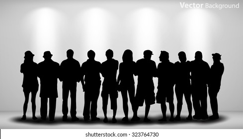 People silhouettes looking on the empty gallery wall with lights for images and advertisement. Ideal concept for promoting product or service.  Fully editable eps10