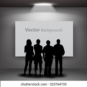 People silhouettes looking on the empty frame with lights for images and advertisement. Ideal concept for promoting product or service. Fully editable eps10
