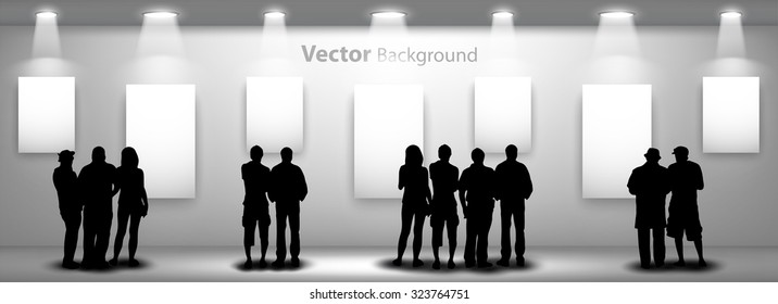 People silhouettes looking on the empty frame with lights for images and advertisement. Ideal concept for promoting product or service. Fully editable eps10