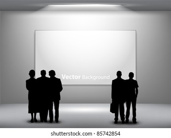 People silhouettes looking on the empty gallery wall with lights for images and advertisement. Ideal concept for promoting product or service.  Fully editable eps10