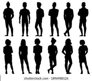 People silhouettes. Male and female anonymous person silhouettes. Adult people group outline symbols isolated vector illustration set. Figures of young and adult characters in rows