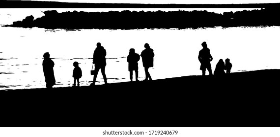 people silhouettes on the seashore