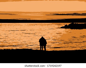 people silhouettes on the seashore