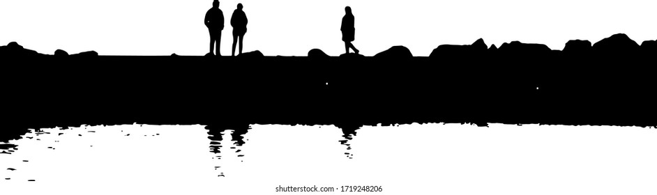 people silhouettes on the seashore
