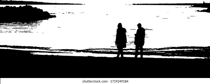 people silhouettes on the seashore