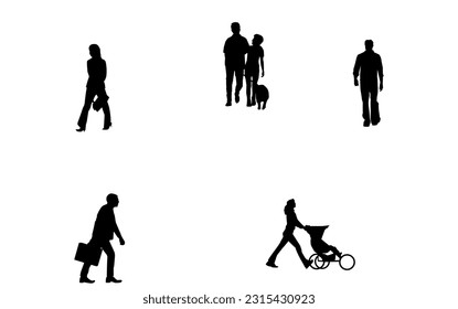 People silhouettes. Pedestrians, people on the move, everyday walking. Vector silhouettes of women and men going to work, on business or walking. Set Vector People Silhouettes