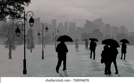 People Silhouettes At Rainy Day  With Umbrellas On City Park On Grey, Vector Illustration