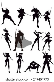 people silhouettes, samurai, ninja, knight, superhero and army