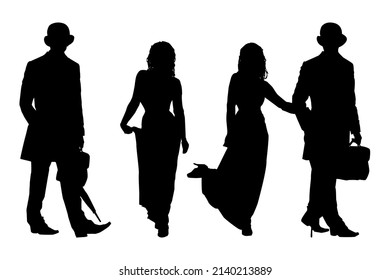 People silhouettes set isolated on white background. Woman with long dress and men with tails, hat and cane. Couple in retro evening clothes. Husband in suit and wife in long gown. Vector illustration