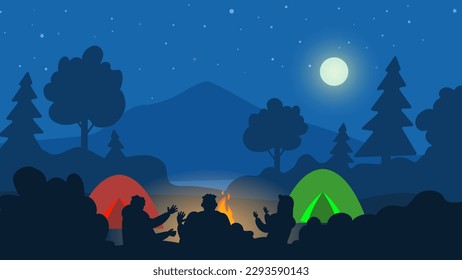 siluetas de personas sentadas alrededor de la noche del incendio camping paisaje campana campfire carpas vectorial ilustración