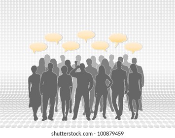 People silhouettes with speech bubbles. People vectors separated and placed in layers for easy editing.