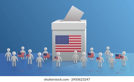 people silhouettes standing with American United States flags near voting box USA presidential election concept horizontal