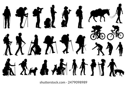 Siluetas de Personas. Turistas con mochilas, senderistas, ciclistas, niños con mascotas. Ilustración vectorial	