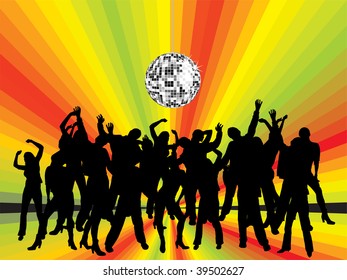 people silhouettes under disco sphere - vector