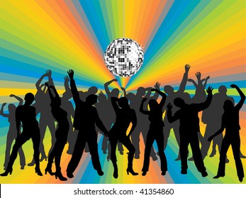 people silhouettes under disco sphere - vector