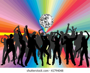 people silhouettes under disco sphere - vector