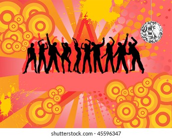 people silhouettes under disco sphere - vector
