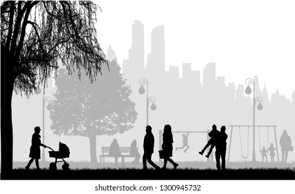 People silhouettes, urban background.