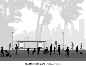 People silhouettes, urban background.
Conceptual illustration.