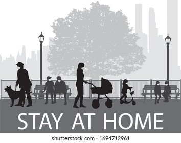 People silhouettes, urban background. Stay at home.