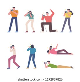 People of simple characters are taking pictures in various poses. flat design style vector graphic illustration