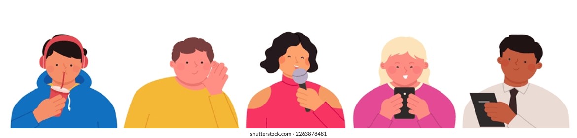 People sing, gesticulate hands, business man with note book in hands, woman hold and look in smartphone, drinking beverages. Cute cartoon characters on white background.