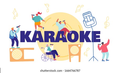 People Sing in Karaoke Club Concept. Male and Female Characters Sing with Microphones and Dynamics on Stage. Holidays and Recreation Time Poster Banner Flyer Brochure. Cartoon Flat Vector Illustration