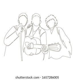 People Sing. Karaoke. Vector Outline Image Of A Group Of People With A Guitar. One Continuous Line