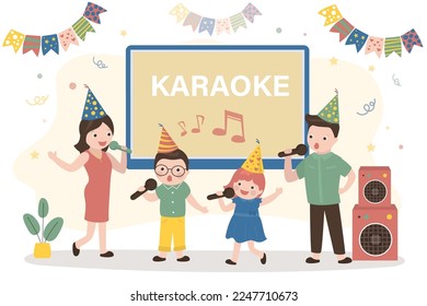 People sing song and dancing. Family entertainment, karaoke party. Happy active couple with children uses mics. Parents and kids spending time together. Happy birthday party. Flat vector illustration