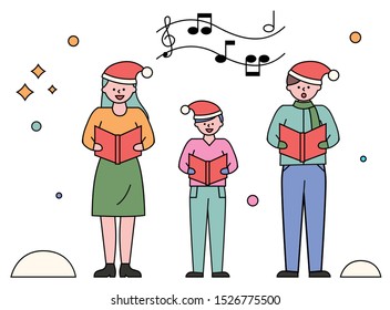 People singing carols on christmas vector. Family wearing santa hats holding sheet notes. Musical performance of man and woman with kid. Parents and child on xmas celebration chorus of characters