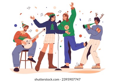 People singing Christmas or new year songs. Vector illustration of singer company. Woman with microphone and man with banjo sound performance. Song entertainment at winter holiday party. Celebration