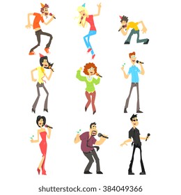 People Singing Karaoke, Flat Vector Illustration Collection