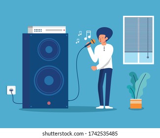 People singing karaoke at home, having fun.Quarantine. Vector illustration