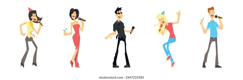 People Singing in Karaoke Stand with Microphone Vector Set
